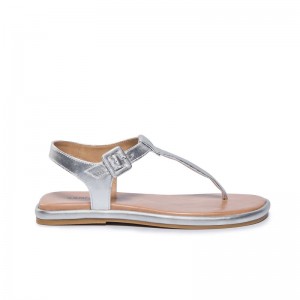 Silver Women Bernardo Tucson T-Strap Flat Sandals | MKF2414PC